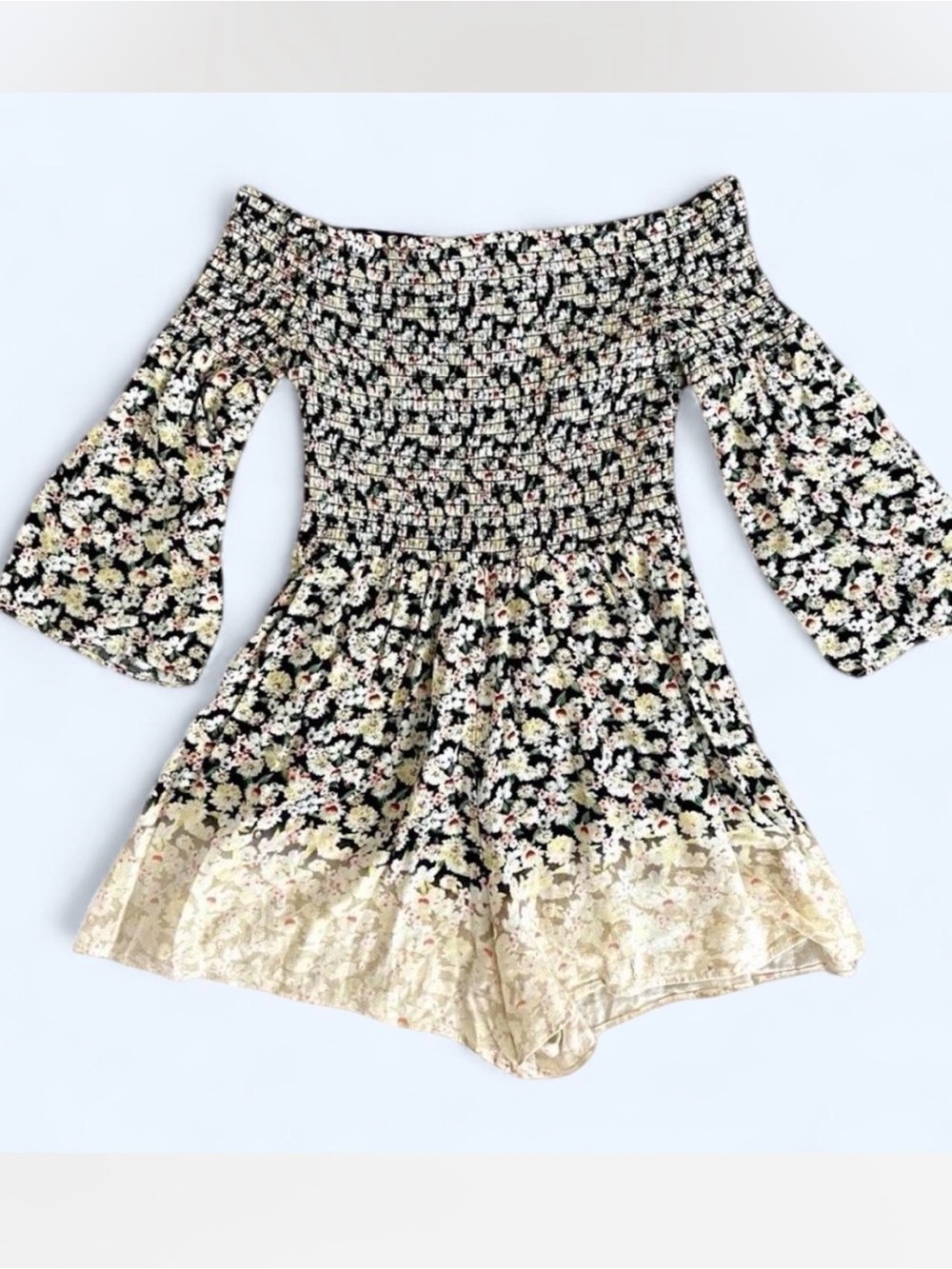 American Rag Floral Boho Romper S Off The Shoulder Flare Sleeve Shorts Smocked